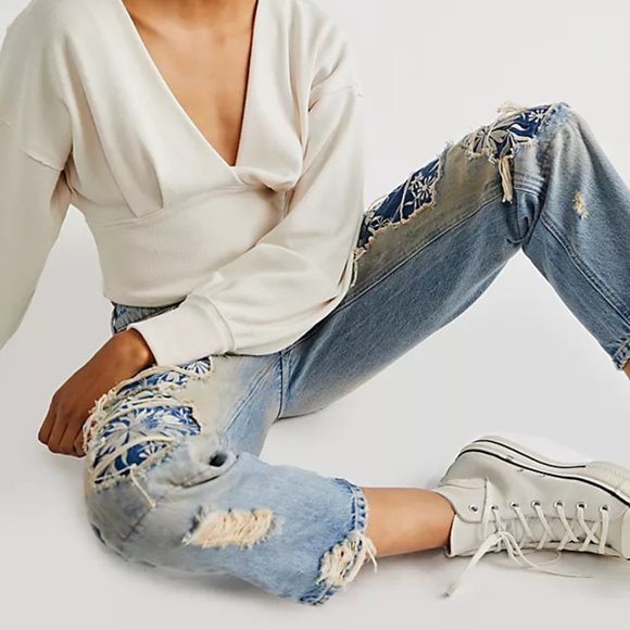 Free People Blue Patterned Straight Leg Jeans - Picture 3 of 12